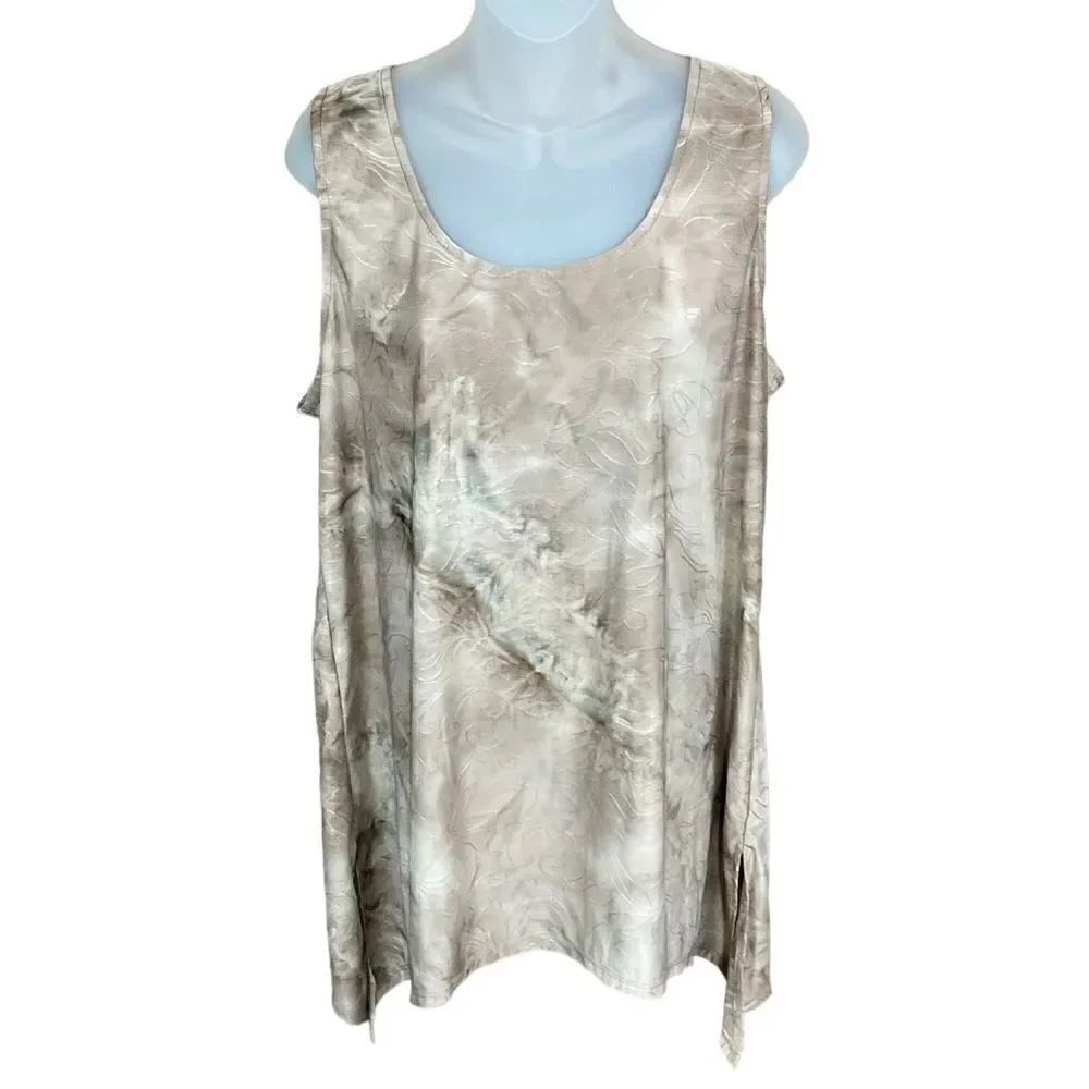 AB Studio Top Scoop Neck Tan White Shimmer Floral Embroidery Hem Side Slits XL